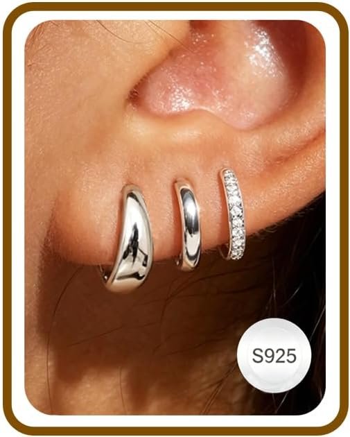 Jewelry for Her Gift 3 Pairs 925 Sterling Silver Earrings for Women Non Tarnish 14K Gold Plated Small Hypoallergenic Huggie Hoops Cartilage Stack Earring Sets for Multiple Piercing