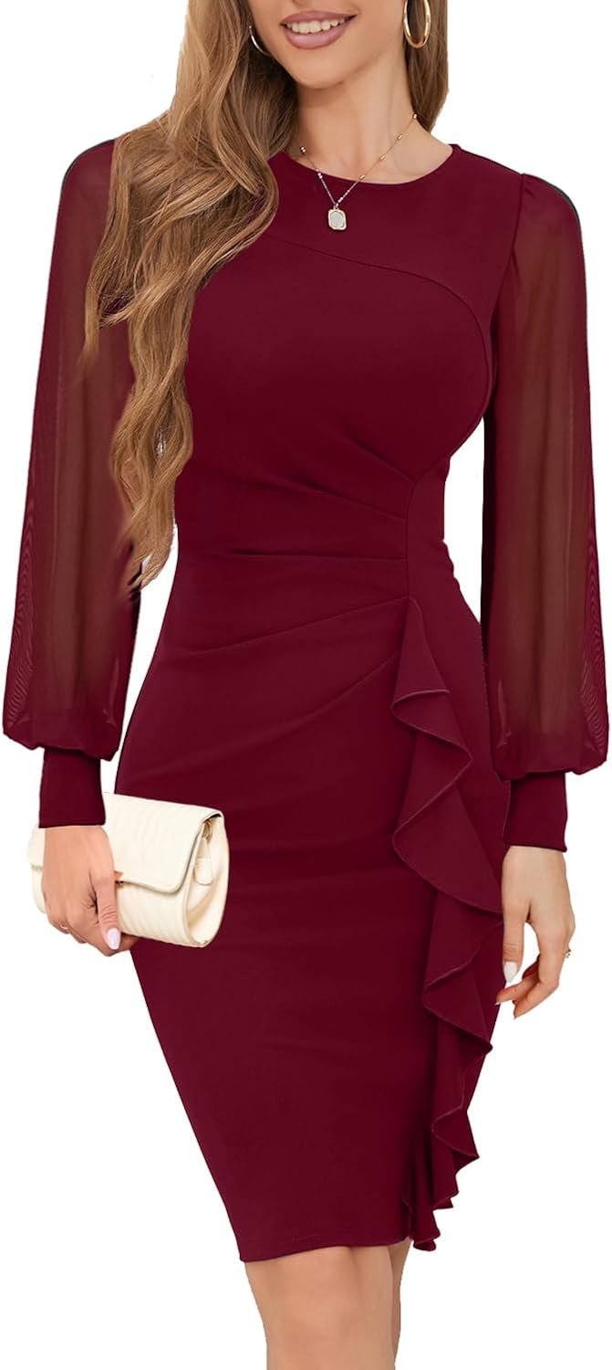 IHOT 2026 Women’s Long Sheer Sleeve Ruched Sheath Bodycon Cocktail Party Work Dress