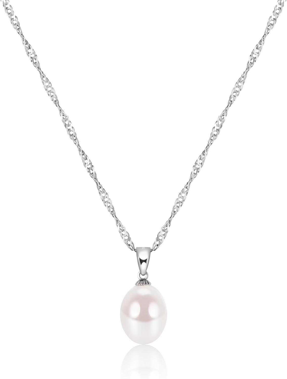 EAMTI Pearl Necklace for Women 925 Sterling Silver Pendant Necklace 8.5-9MM