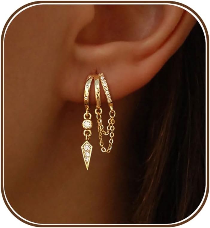 Dangle Earrings for Women,14k Gold Plated Triple Huggie Stud Earrings Cute Statement Chain Earring Dainty Drop Earrings for Women Trendy Gold Plated Jewelry
