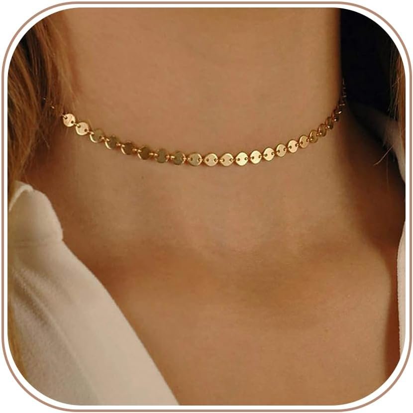 CAROVO Dainty Gold Chain Choker Necklace for Women 18K Gold Plated Minimalist Figaro Beaded Lace Satellite Coin Chain Necklace Delicate Choker Jewelry Gifts for Women