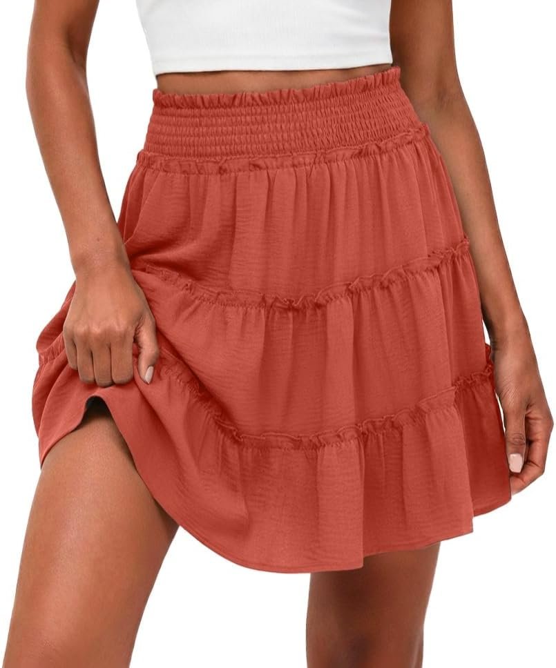 Lepunuo Women’s High Waisted Tiered Smocked Ruffle Mini Skirt