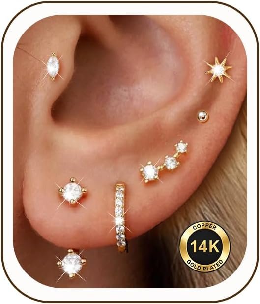 6 Pairs 14K Gold Plated Stud Earrings for Women, CZ Cartilage Stack Set