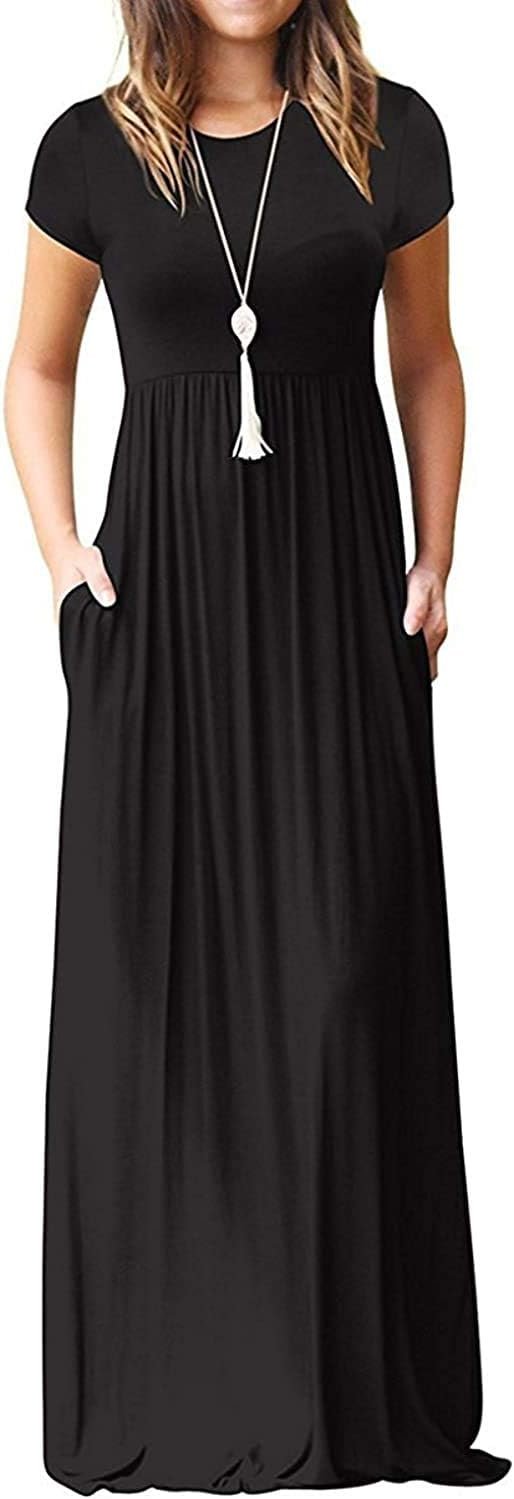 DEARCASE Maxi Dress for Women Short Sleeve Casual Summer Loose Plain Comfy Long Dresses with Pockets