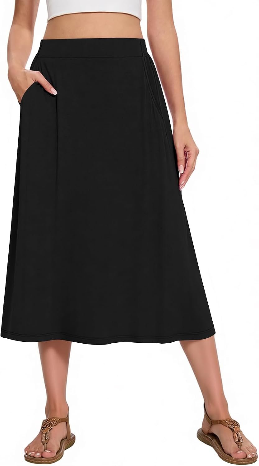 Women’s Midi A-Line Skirts Summer Flowy 2026 Elastic High Waisted Casual Skirt with Pockets