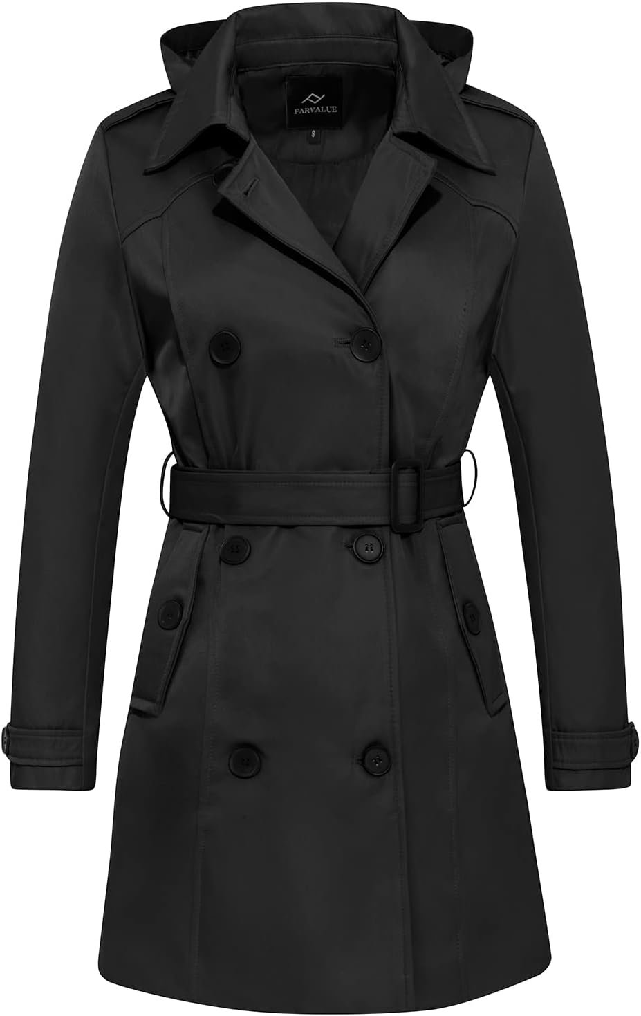 FARVALUE Women’s Waterproof Trench Coat Double Breasted Windbreaker Classic Belted Lapel Overcoat with Removable Hood