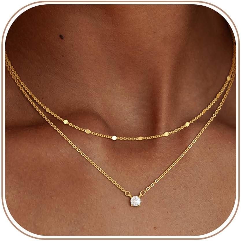 Coshilta Layered Gold Necklaces for Women, 14K Plated Gold Sterling Silver Plated Dainty Pendant Necklace Set with Cubic Zirconia,Stackable Chain Choker,Trendy Personalized Jewelry Gift Non Tarnish