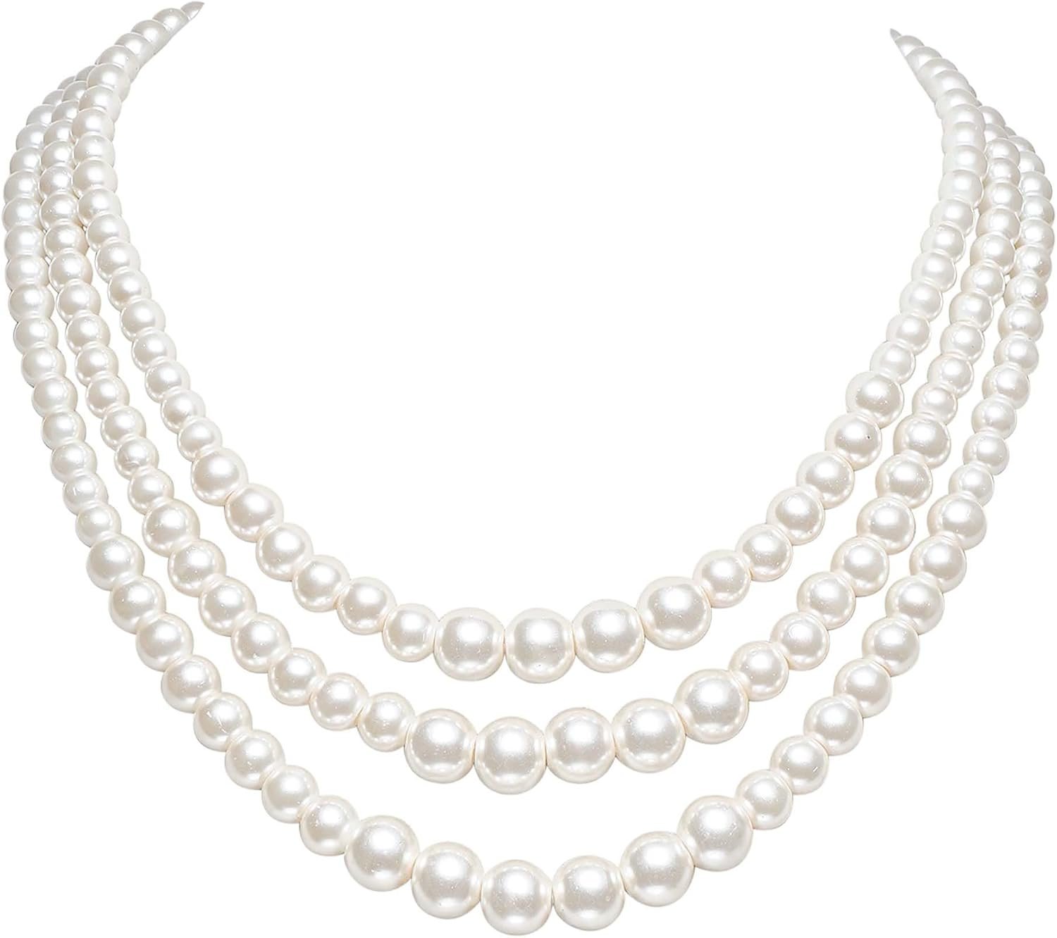 BABEYOND White Faux Pearl Necklace for Women 3 Strand 1920s Gatsby