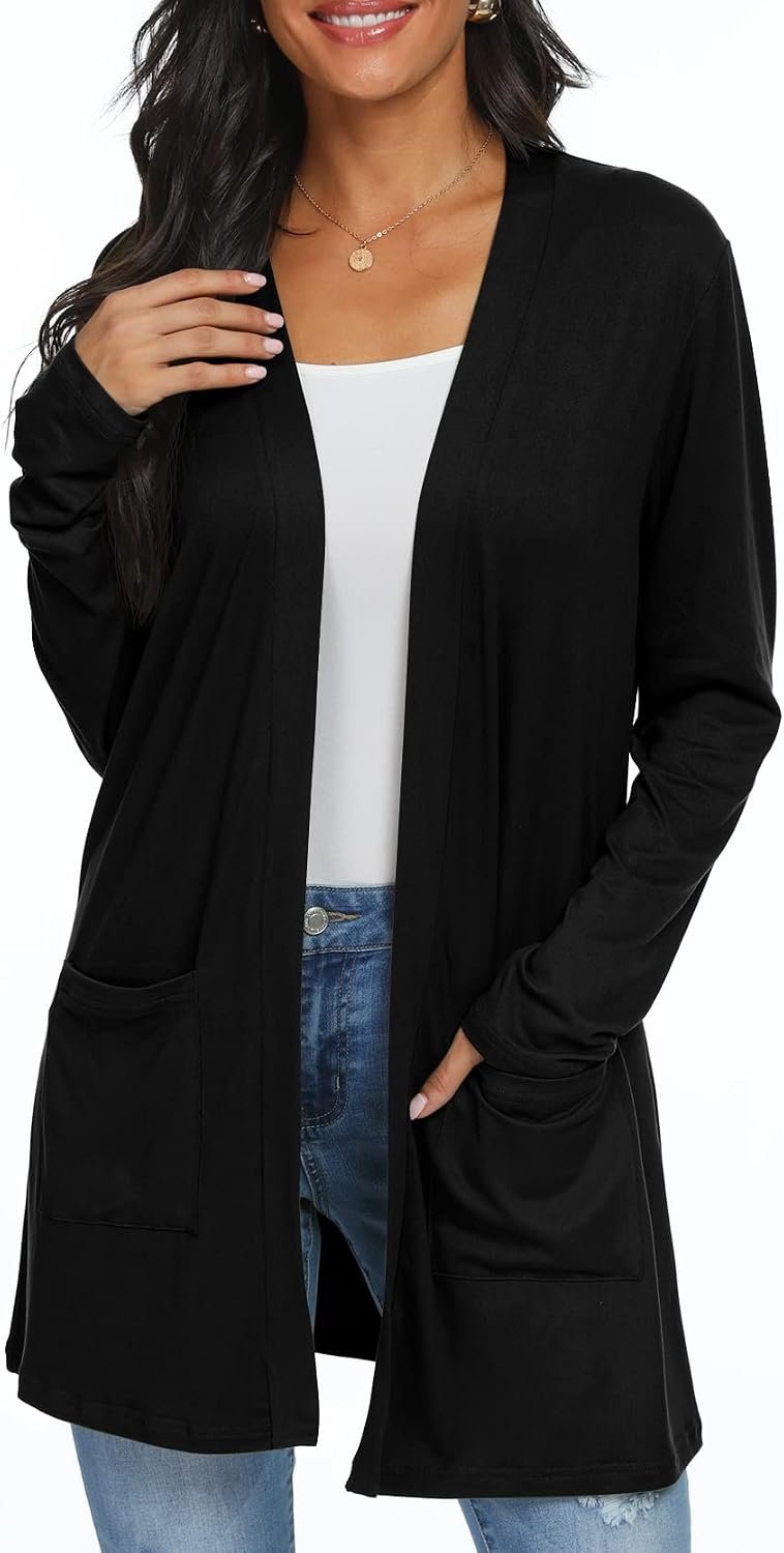 QIXING Womens Lightweight Long Cardigan with Pocketes