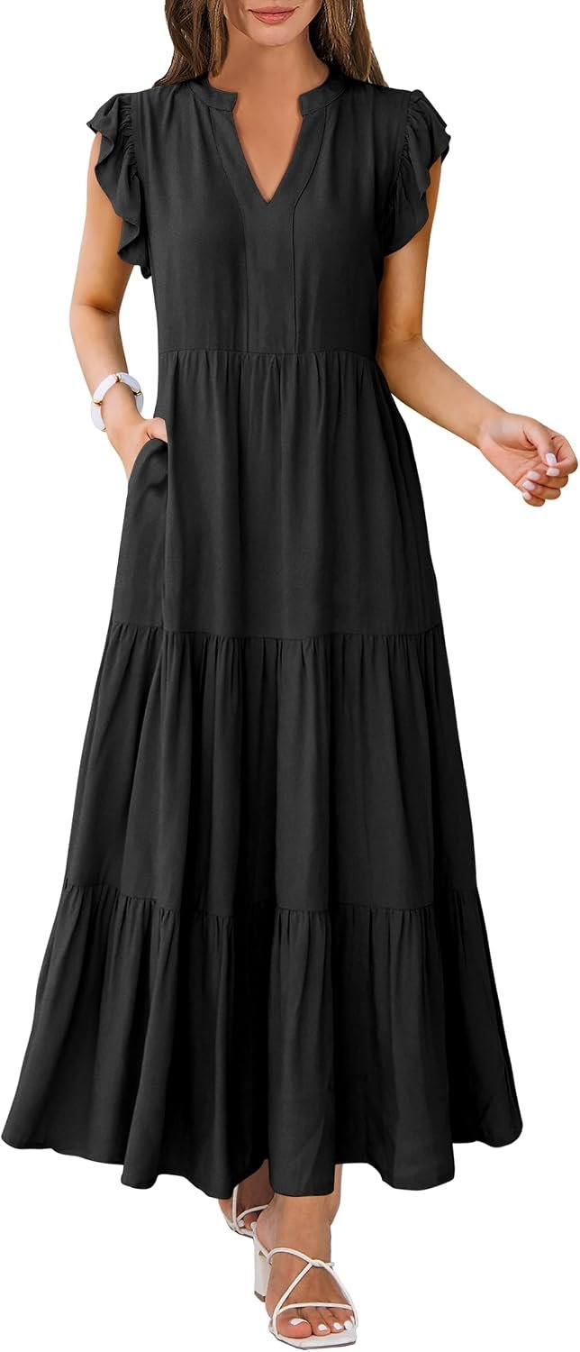 ANRABESS Womens Summer Dress Ruffle Sleeve V Neck Vacation Maxi Dresses