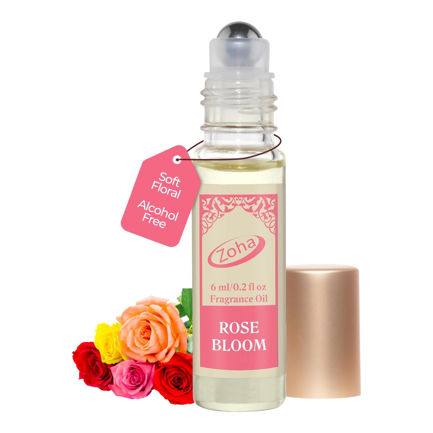 Zoha Rose Bloom | Roll on Perfumes for Women & Men | Alcohol-free Rose Perfume Oil | Travel Size Long Lasting Fragrance | 6ml Roller