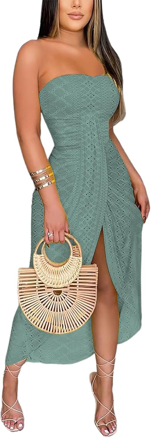 CHICME Women’s Strapless Bodycon Maxi Dress Asymmetrical Hem | Ruched Wrap Detail, Eyelet Embroidery, Soft Stretch Fabric, Tube Top Neckline, Beach Vacation Wear, Wedding Guest Outfit