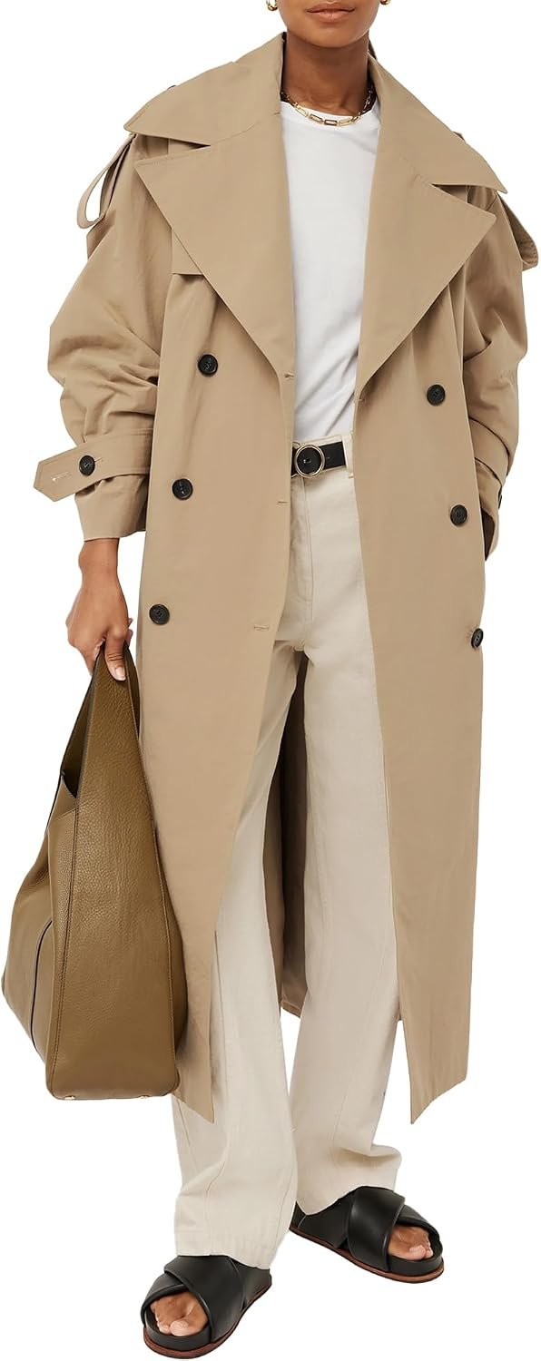Farktop Womens Oversized Long Trench Coat Double Breasted Lapel Windproof