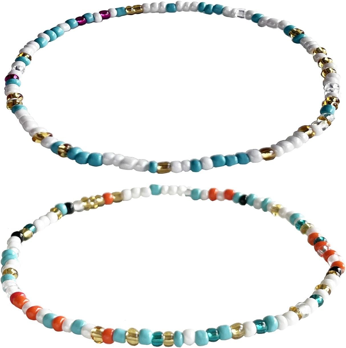 Boho Beads Anklets Set of 2pcs, Waterproof Beach Adjustable Stretch Imitation Turquoise White Pearls Bracelets for Women, Handmade Jewelry Gifts