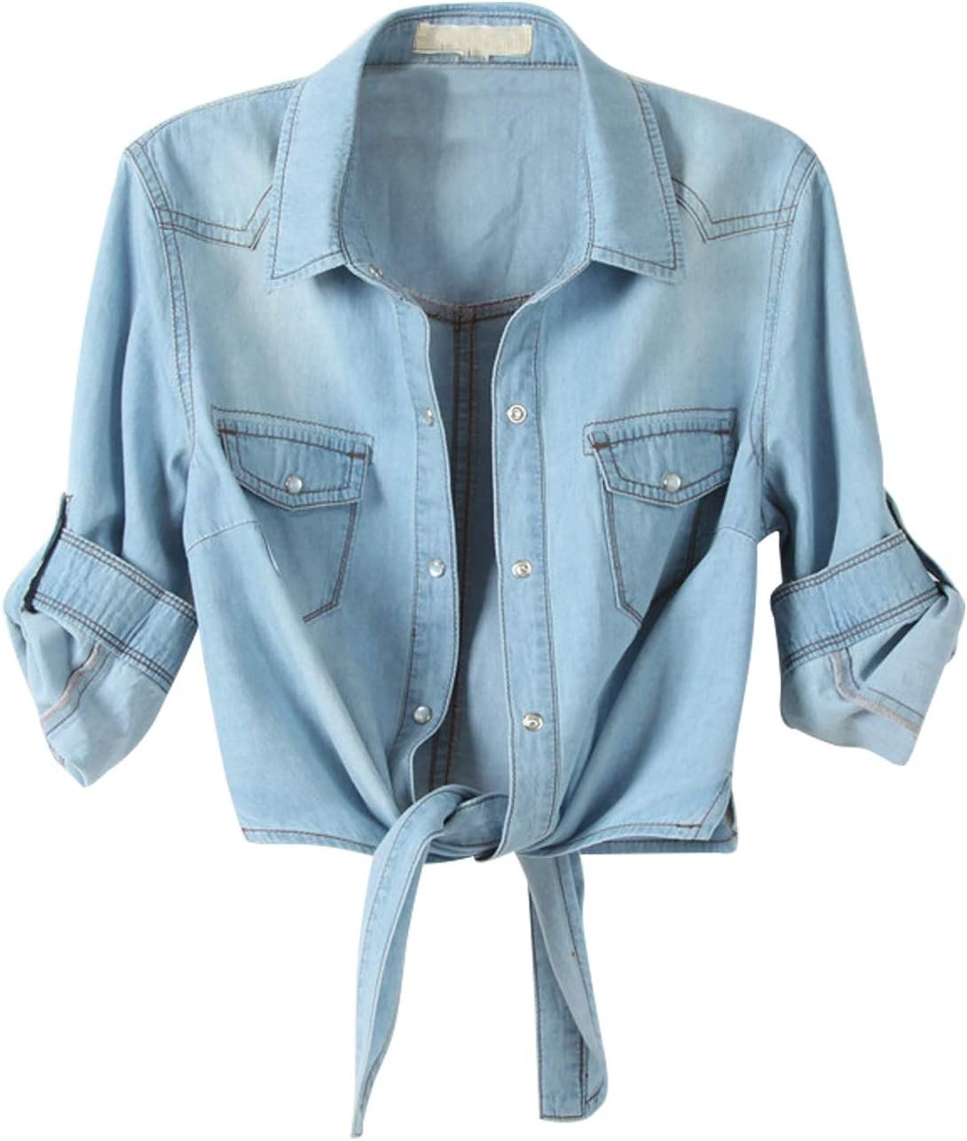 Omoone Womens Crop Modern Denim Top Tie Knot Shirt Chambray Cardigan