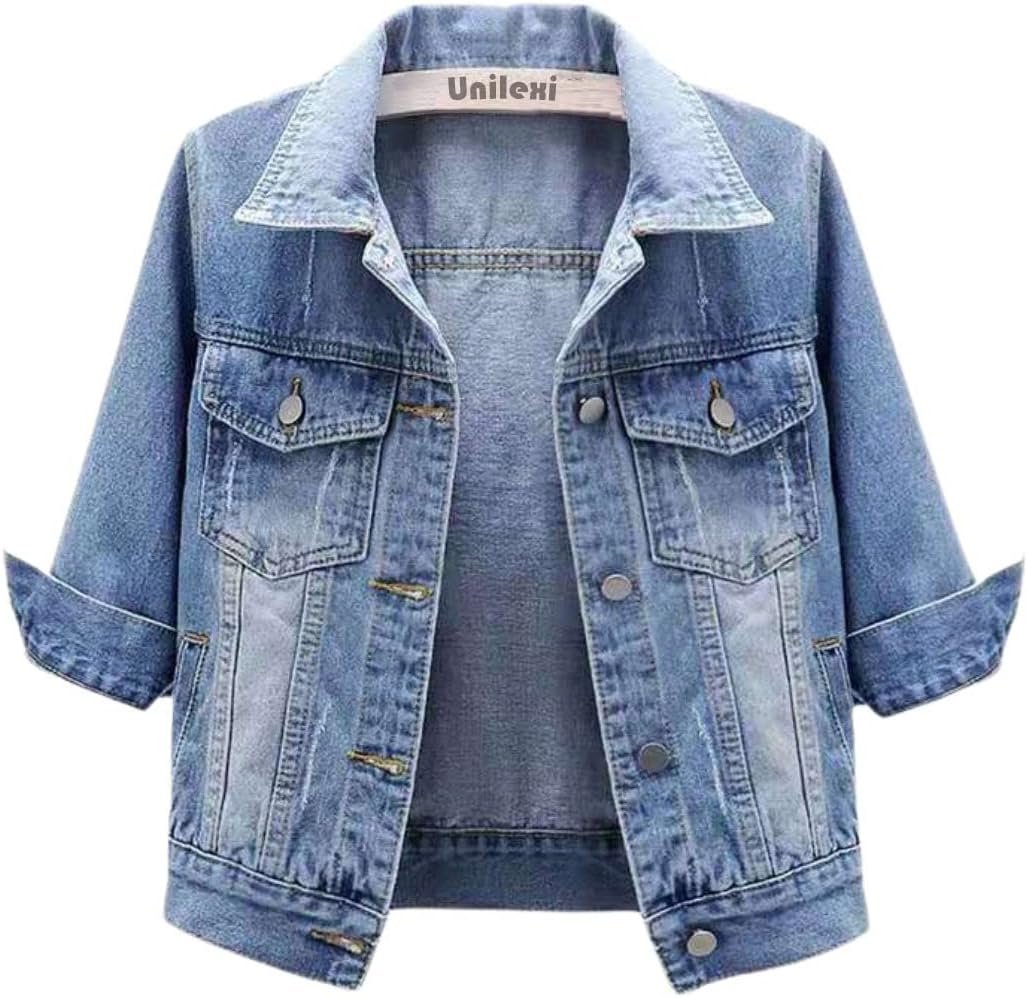 Unilexi Women’s 3/4 Sleeve Colored Cropped Denim Jacket Light Wash Short Jean Jacket Trucker Coat