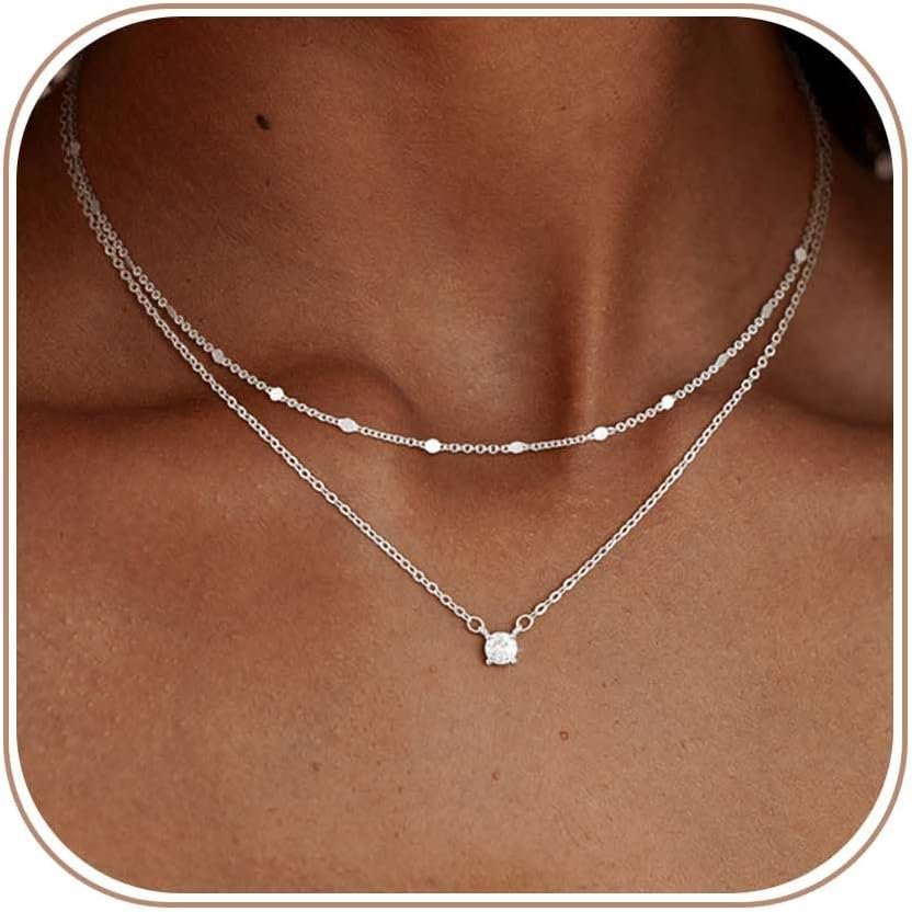 Coshilta Layered Gold Necklaces for Women, 14K Plated Gold Sterling Silver Plated Dainty Pendant Necklace Set with Cubic Zirconia,Stackable Chain Choker,Trendy Personalized Jewelry Gift Non Tarnish