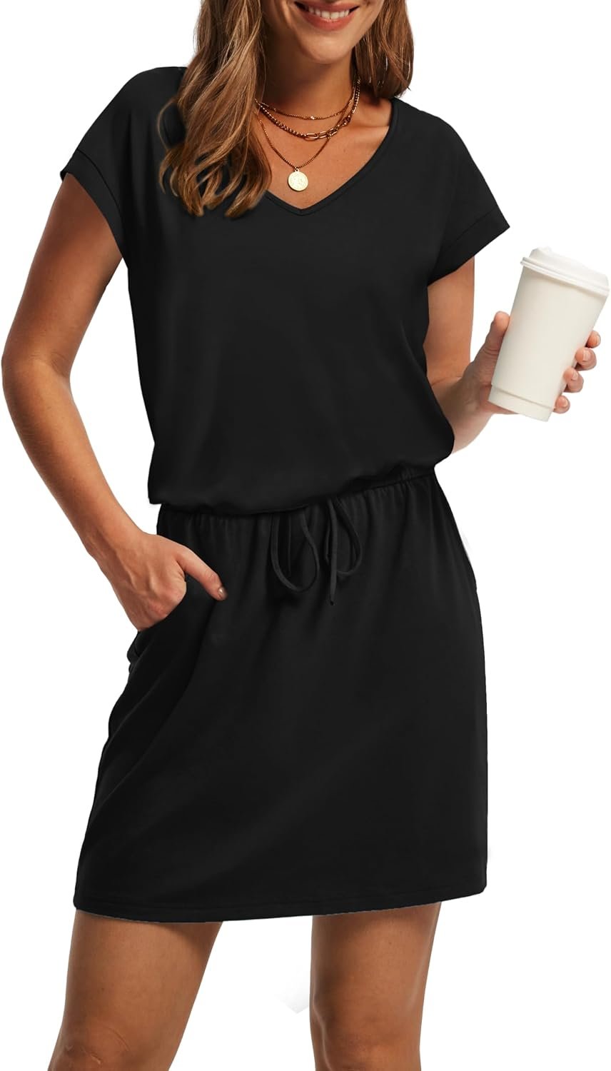 OFEEFAN Summer Dresses for Women 2026 V Neck T Shirt Casual Mini Dresses Tie Waist Sundresses with Pockets