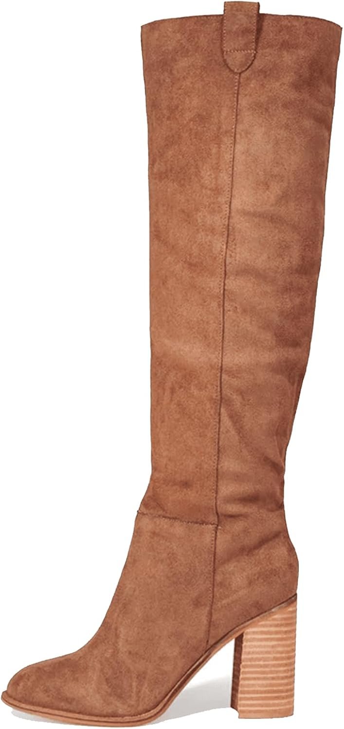 Erocalli Suede Knee High Boots Fall Tall Slouch Boot For Women Chunky Heel