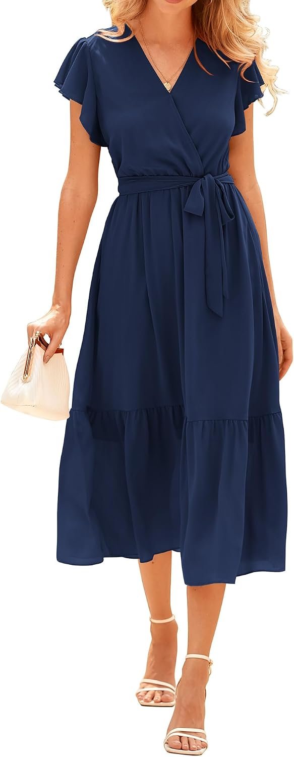 BTFBM Women Summer Casual Wrap V Neck Ruffle Cap Sleeve Belted Midi Dress