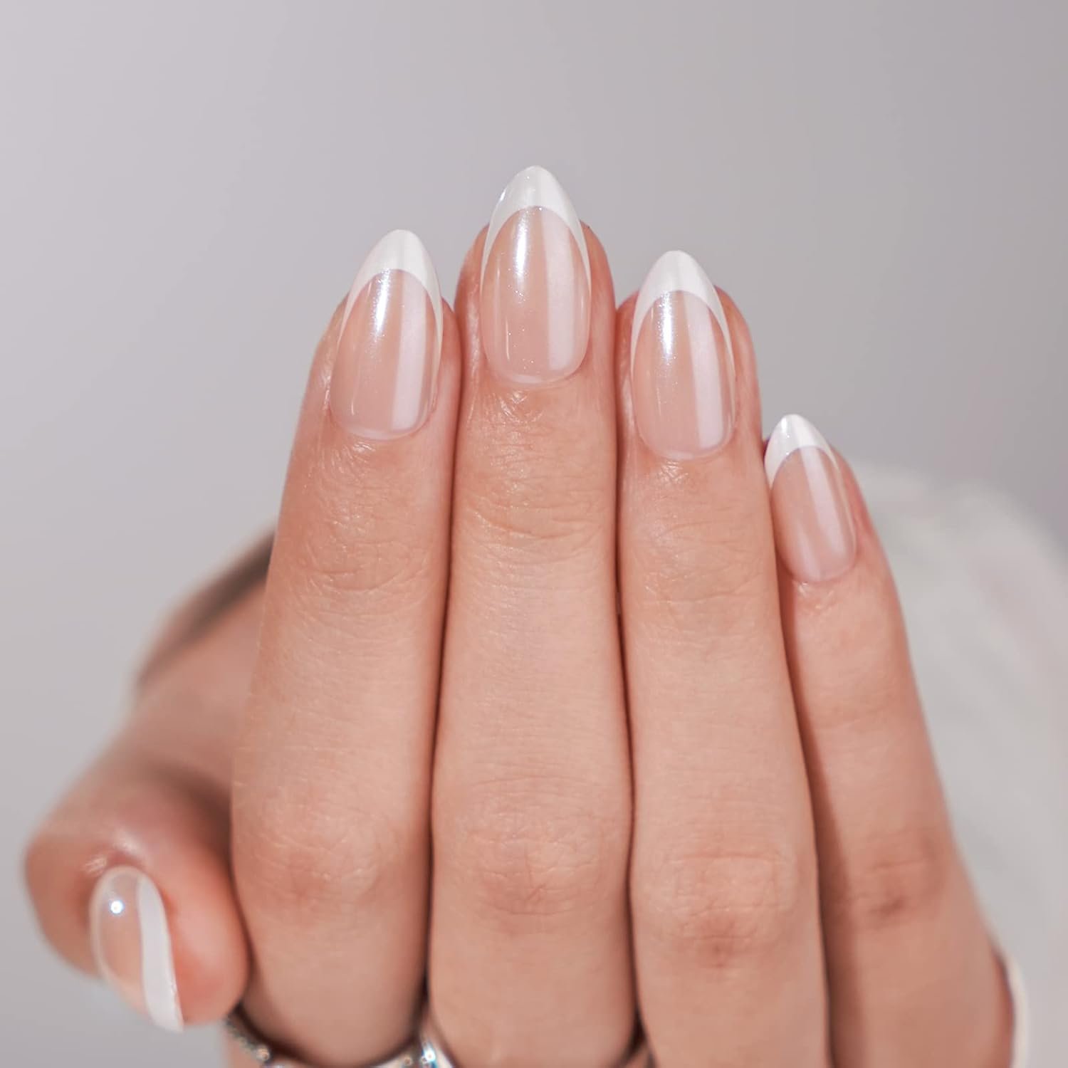 BTArtbox Press On Nails, Classic, Short Almond, White French Tip, 32Ct