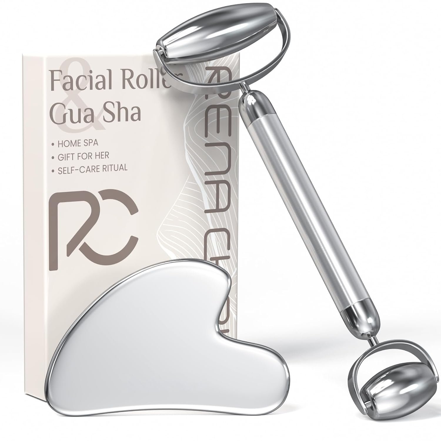 Rena Chris Gua Sha and Face Roller Set: Anti-Breakage Stainless Steel Roller for Long-Lasting Use, Jawline Sculpting and Puffiness Reducing, Gua Sha Facial Tools for Self Care Gift (Silver)