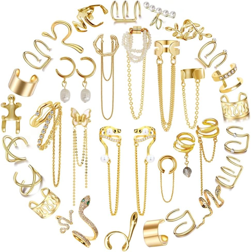 35 PCS Gold Silver Adjustable Ear Cuffs Earrings for Women Non-Piercing Cartilage Clip on Earrings Wrap Ear Jewelry Set,Punk Snake Butterfly Claw Stud Earrings for Women Gift