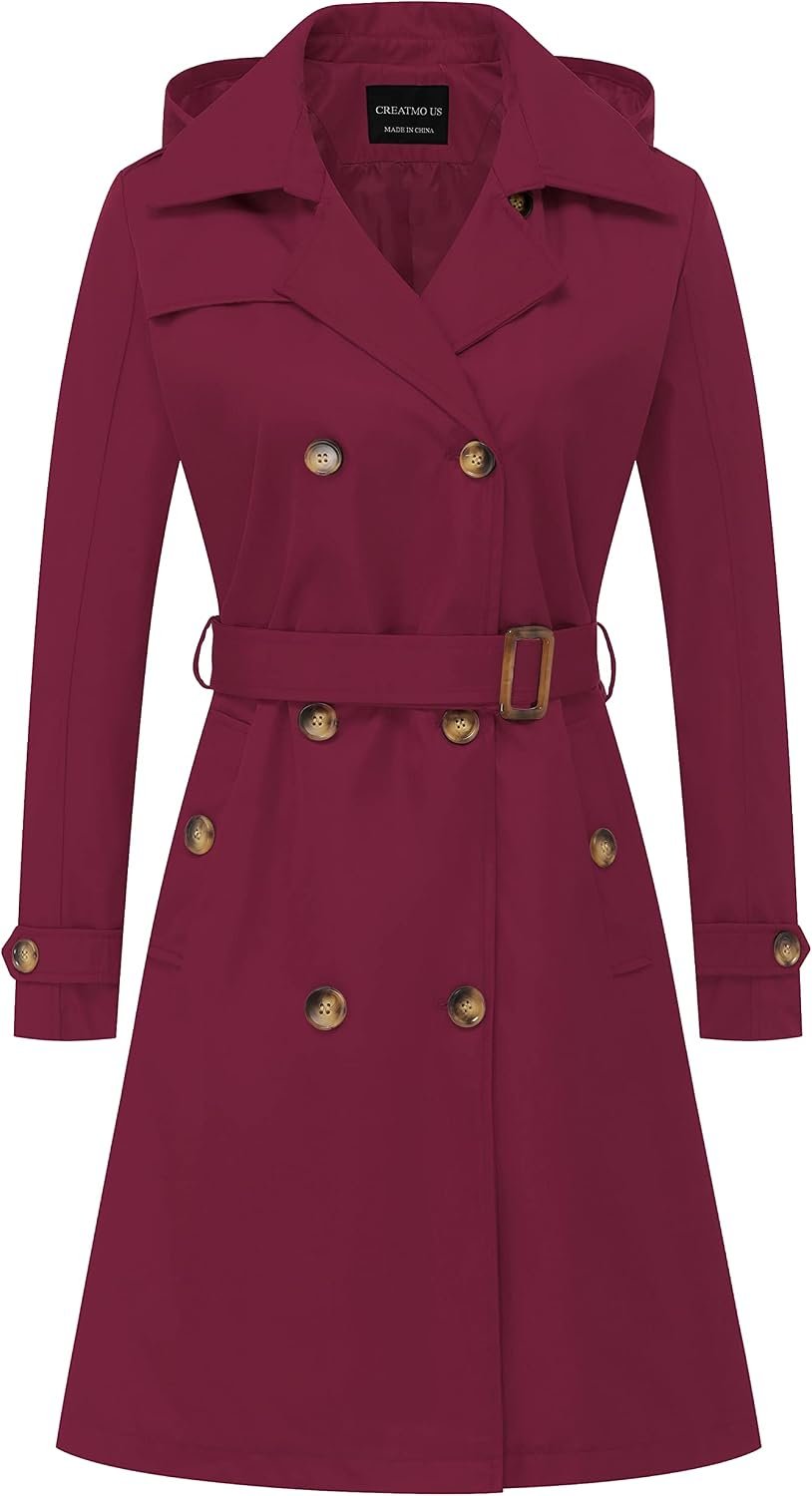 CREATMO US Women’s Long Trench Coat Double-Breasted Classic Lapel Overcoat Belted Slim Outerwear Coat with Detachable Hood