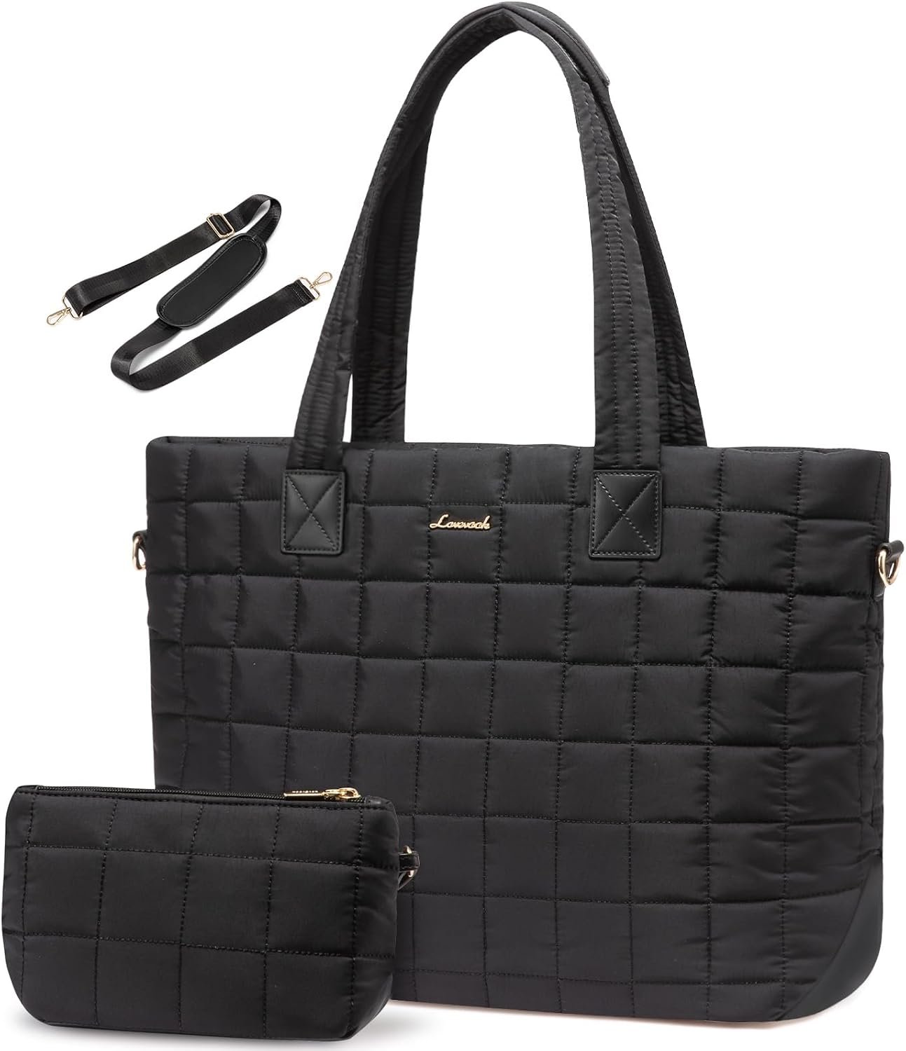 LOVEVOOK Laptop Tote Bag for Women, 15.6 Inch Large Puffer Work Tote Computer Bags, Quilted Women’s Shoulder Purse Bag with Zipper, Teacher Office Handbag for Travel College Business, Gifts, Black