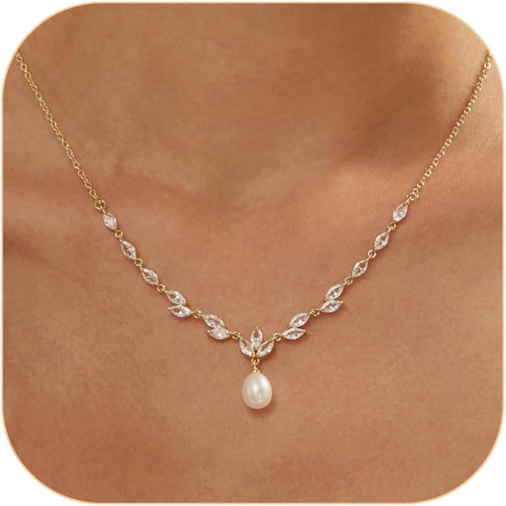 Pearl Gold Necklace Women Pendant Prom CZ Wedding Jewelry | Dainty Design, Mothers Day gift, Bridesmaid, Everyday Wear, Adjustable Chain Length, Sparkly Diamond