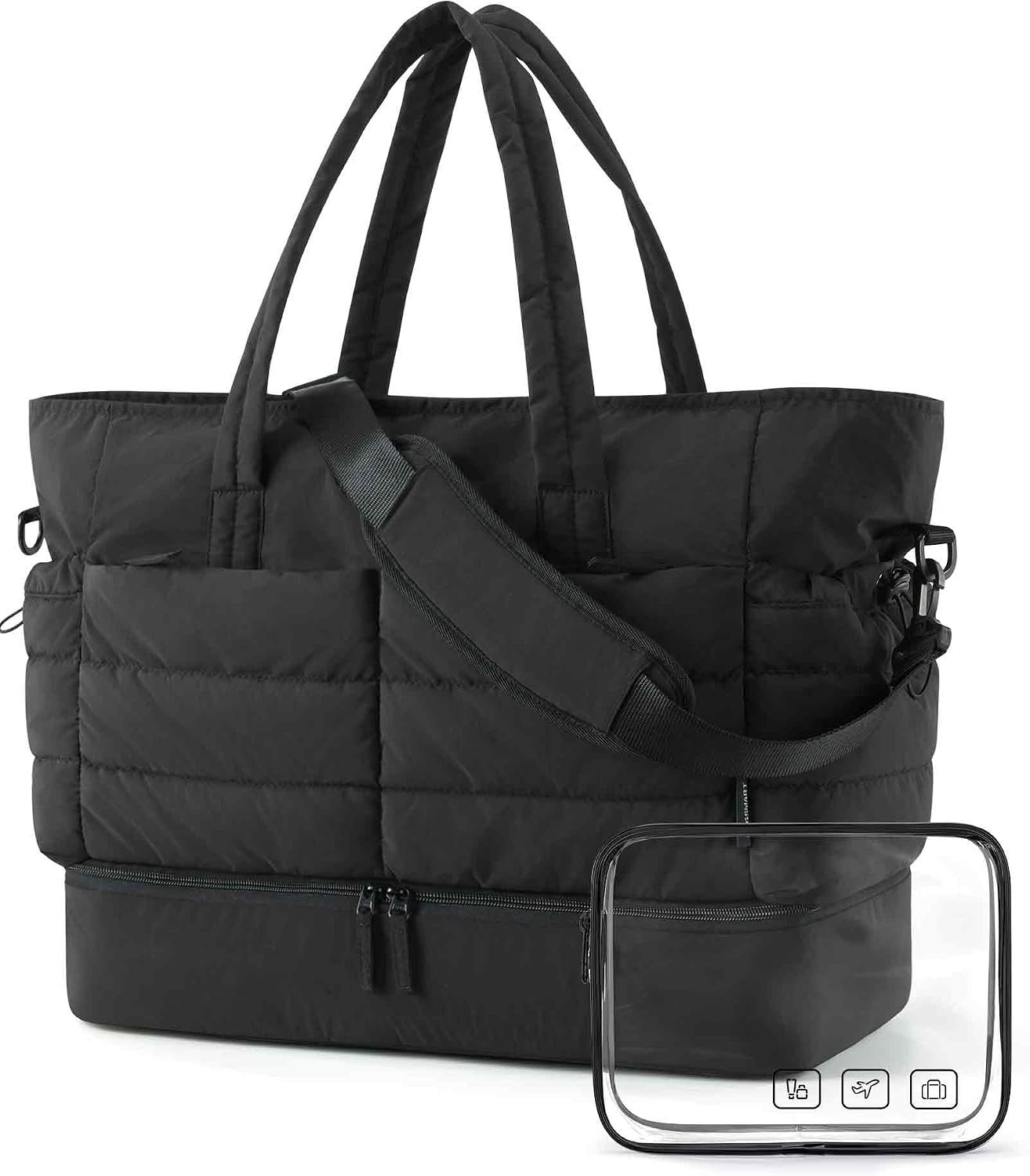 BAGSMART Large Travel Duffel Bag with Shoe Compartment, Puffer Carry-On Gym Weekender Bag for Women, Charcoal
