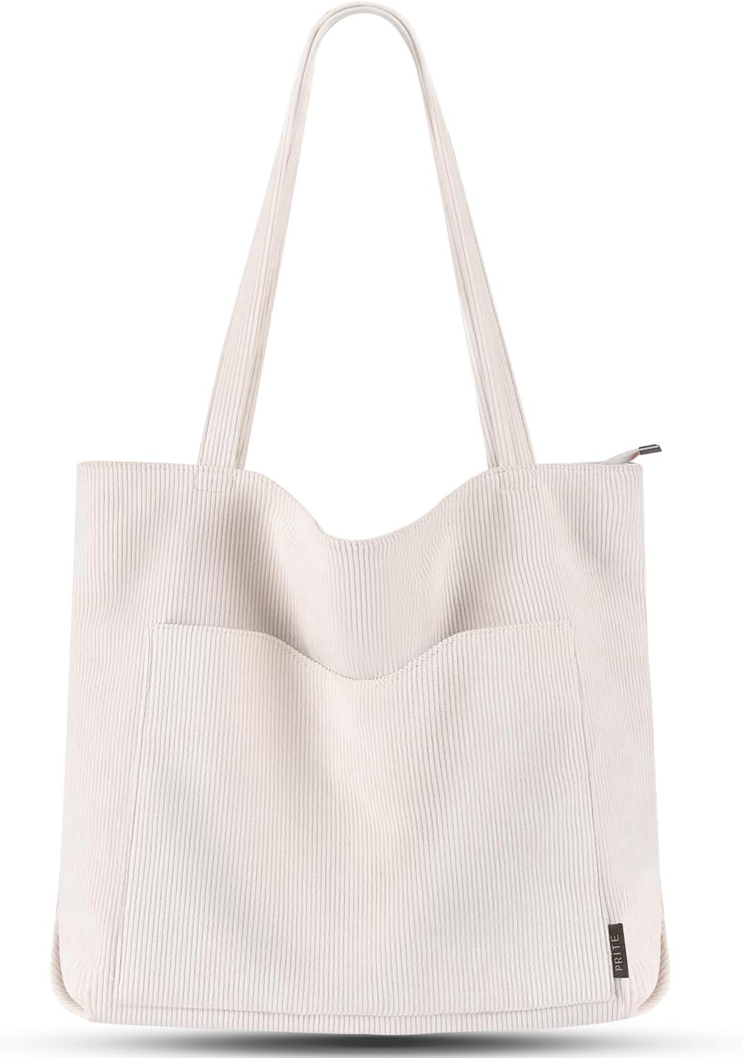Prite Corduroy Tote Bag for Women Large Shoulder Bag with Zipper Pockets