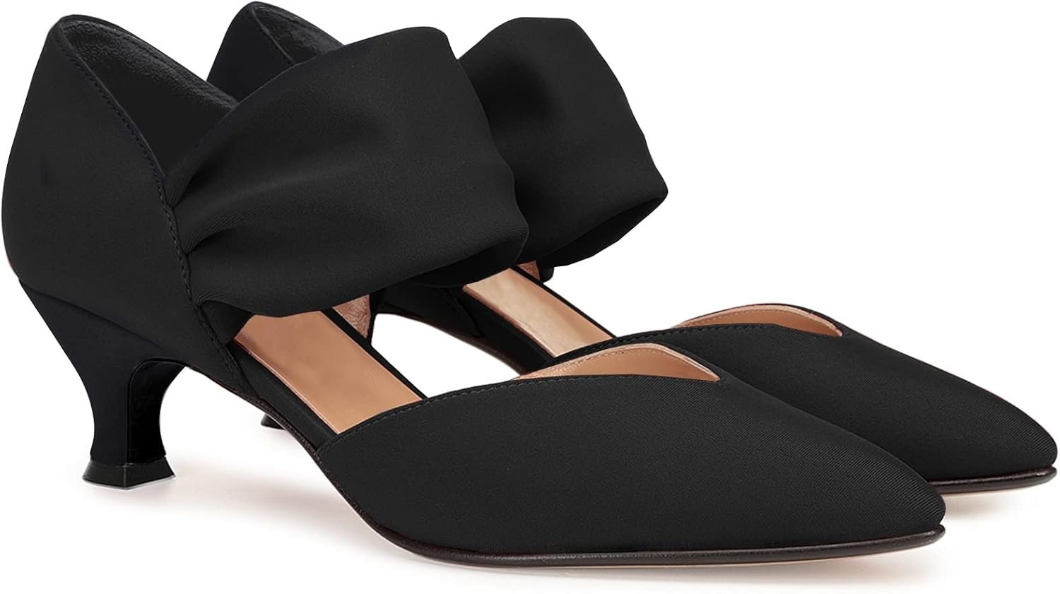 Coutgo Womens Low Kitten Heel Dress Shoes Pointed Toe Slip on Ankle Strap Cutout Elegant Party Wedding Pumps