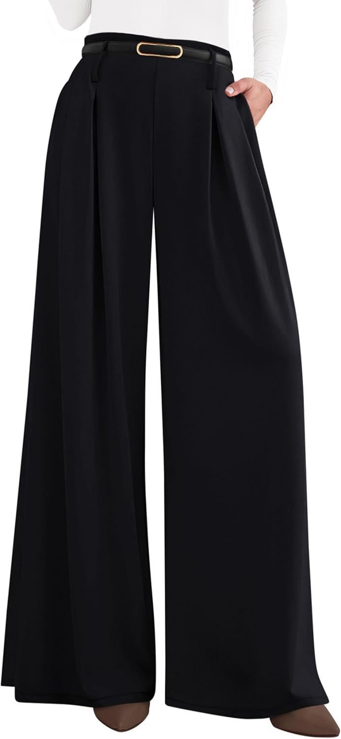 PRETTYGARDEN Womens Wide Leg Dress Pants Flowy Trousers | Front Pleats,Side Zipper,Elastic High Waisted Palazzo Pants,Dressy Slacks with Pockets,Daily Work Business Casual Outfits