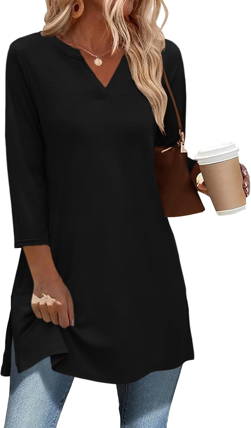 Ivicoer 3/4 Length Sleeve Womens Tops Dressy Casual Plus Size V Neck Tunics to Wear with Leggings Side Slit Shirt
