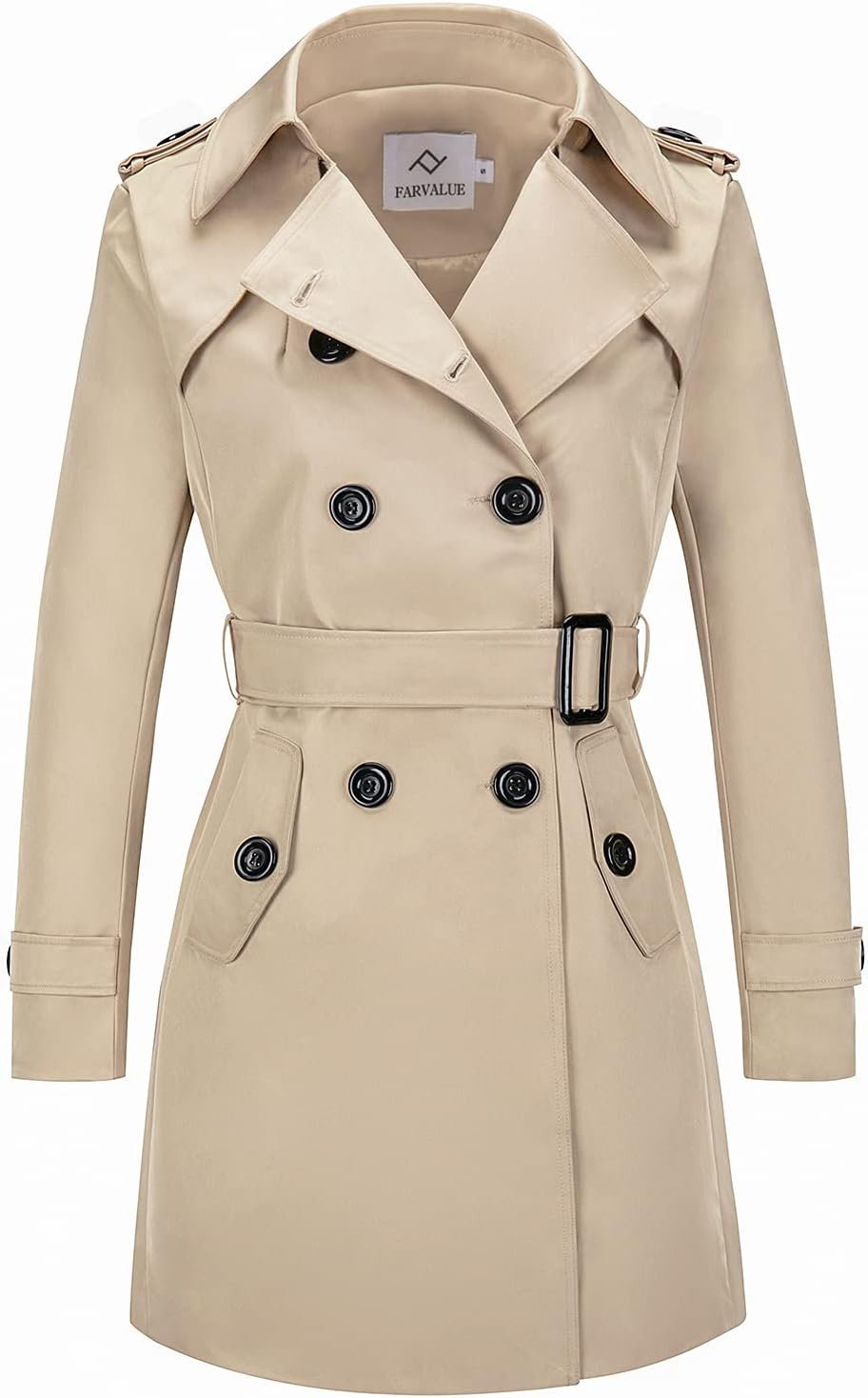 FARVALUE Women’s Double Breasted Trench Coat Water Resistant Windbreaker Classic Belted Lapel Overcoat