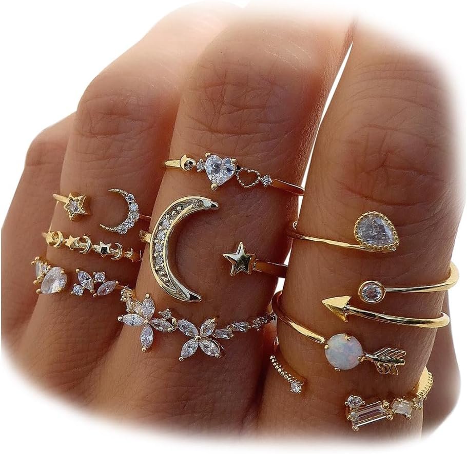 KISS WIFE Gold Stackable Rings for Women, Moon Star Knuckle Midi Ring Set