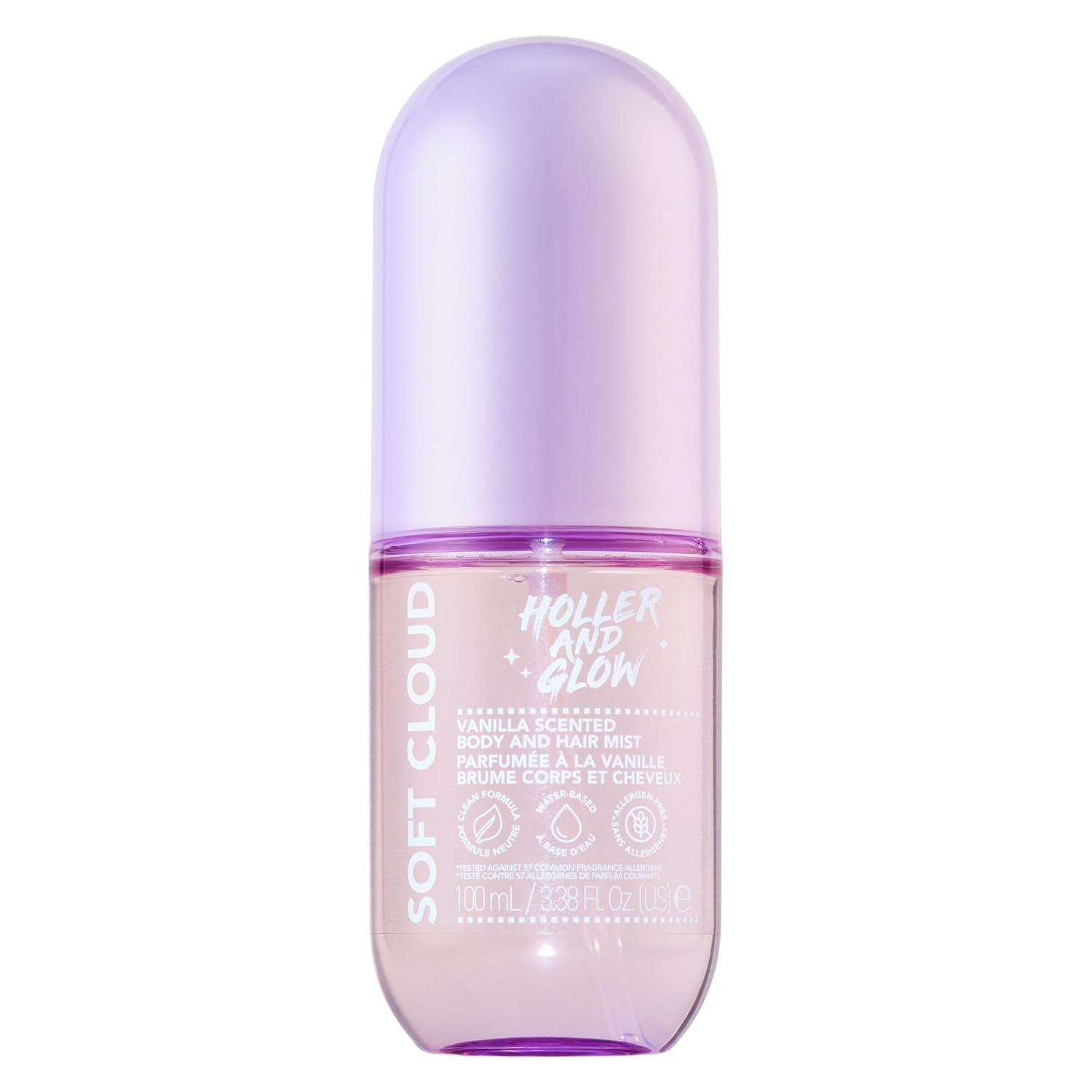 Holler Soft Cloud Vanilla Scented Body And Hair Mist, 3.38 Fl Oz | Spritz a sweet blend of warm vanilla, coconut, amber. Gentle water-based formula keeps skin and strands shiny, not sticky.