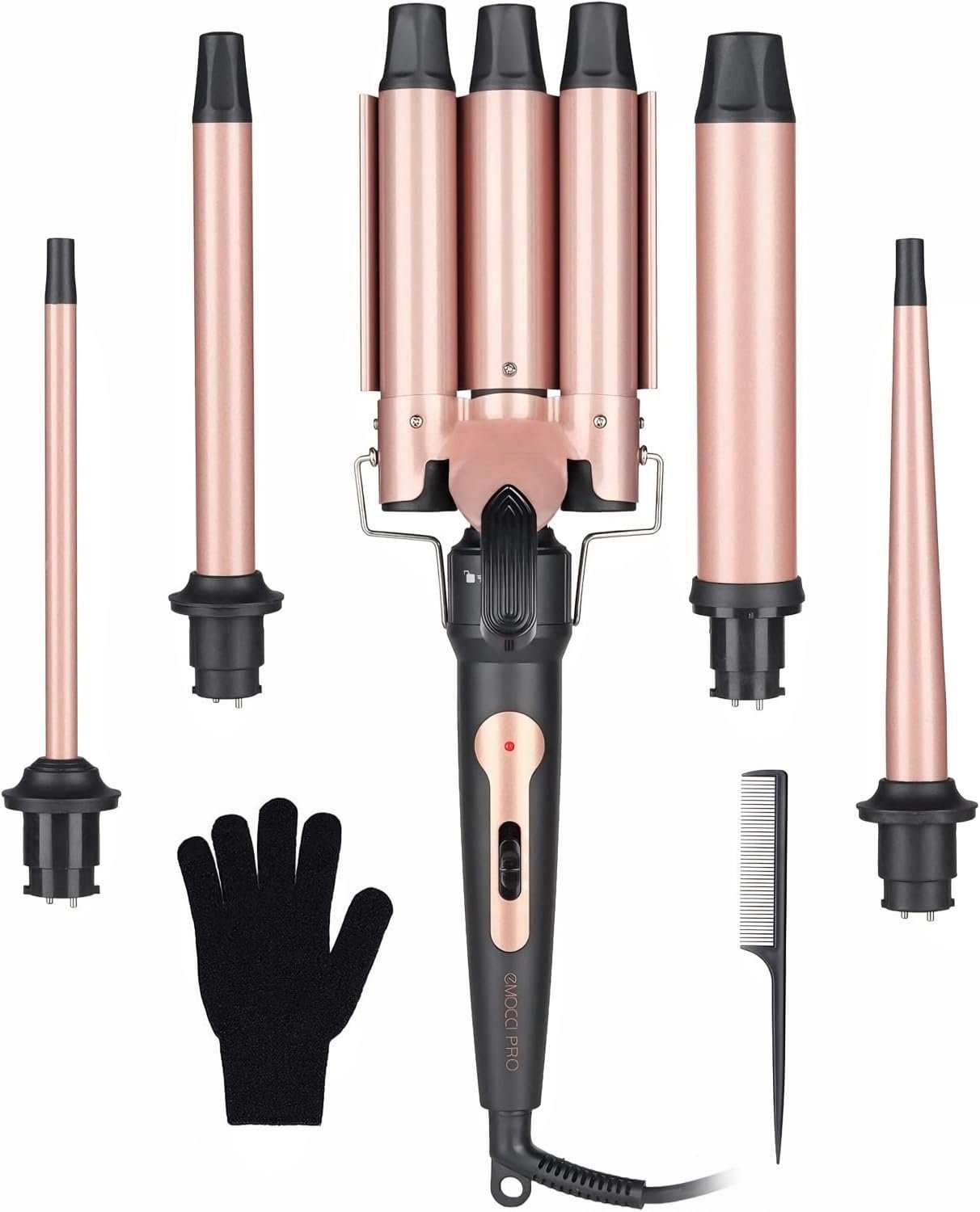 Wand Curling Iron Hair Crimper Tool, Emocci Pro Large 3 Barrels (0.35″ – 1.25″ Ceramic Barrel) Hair Wand Curler for Women Beach Waves Instant Heat Multi-Size Hair Waver 5-in-1 Curling Wand Set