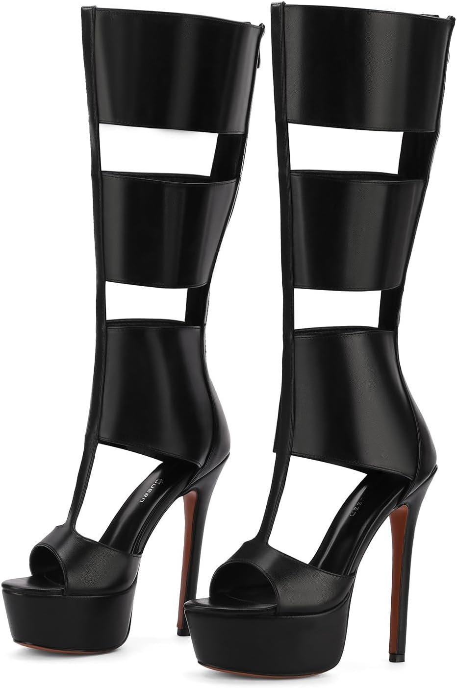 FancyQueen Platform Knee High Heels for Women, Gladiator Open Toe Summer Boots Black Heels Sandal, Sexy Style Casual for Party