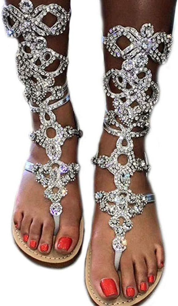 Women’s Rhinestone Gladiator Sandals Stylish Flats for Summer Beach Weddings