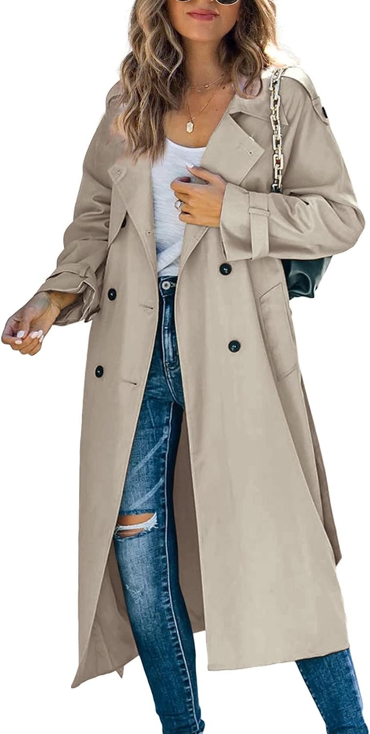 Womens Long Trench Coat Double Breasted Windproof Overcoat With Belt | Classic Lapel,Fall clothing, Spring outfits, Street outwear
