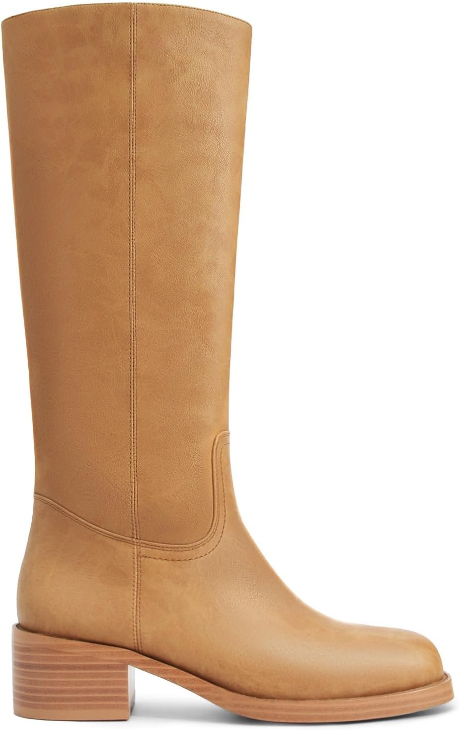 Gothictor Women’s Banana Knee High Boots Square Toe Chunky Block Heel Comfortable Low Heel Pull on Wide Calf Riding Long Boots for Women