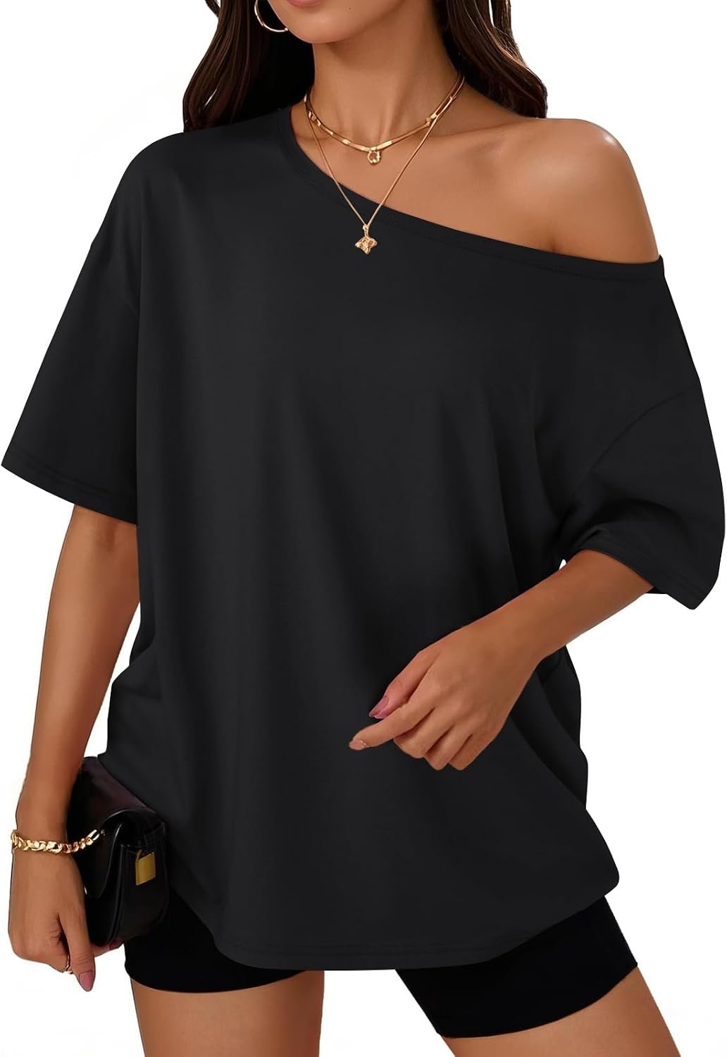 Trendy Queen Womens Off the Shoulder Tops Oversized Summer T-Shirts 2026