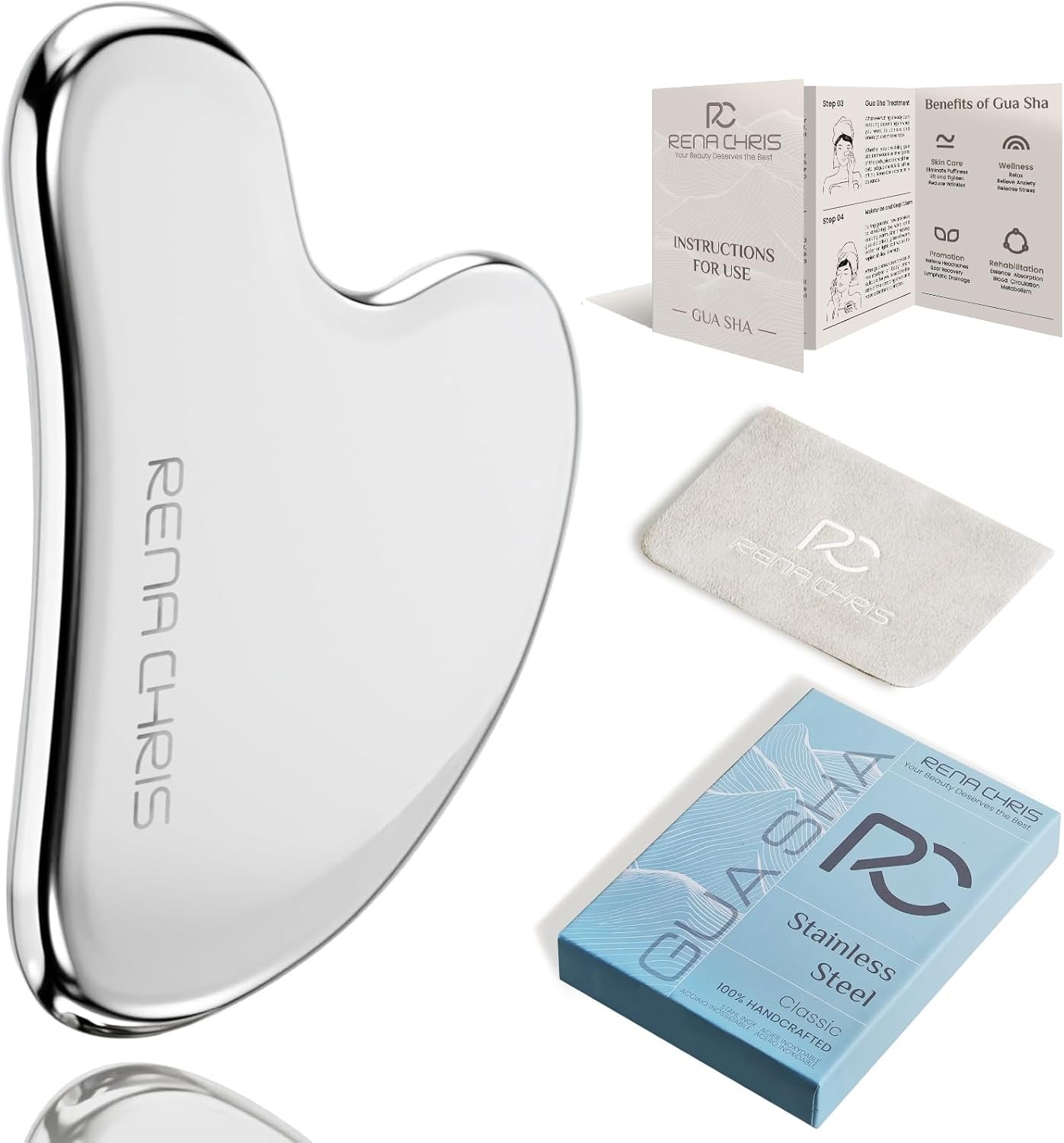Rena Chris Gua Sha Facial Tools, Stainless Steel Guasha Tool – Silver