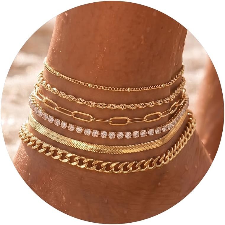 Dainty Ankle Bracelets for Women Waterproof | Layered Gold Plated Tennis Cuban Snake Rope Paperclip Beaded Link Chains Set, Summer Beach Jewelry Gift