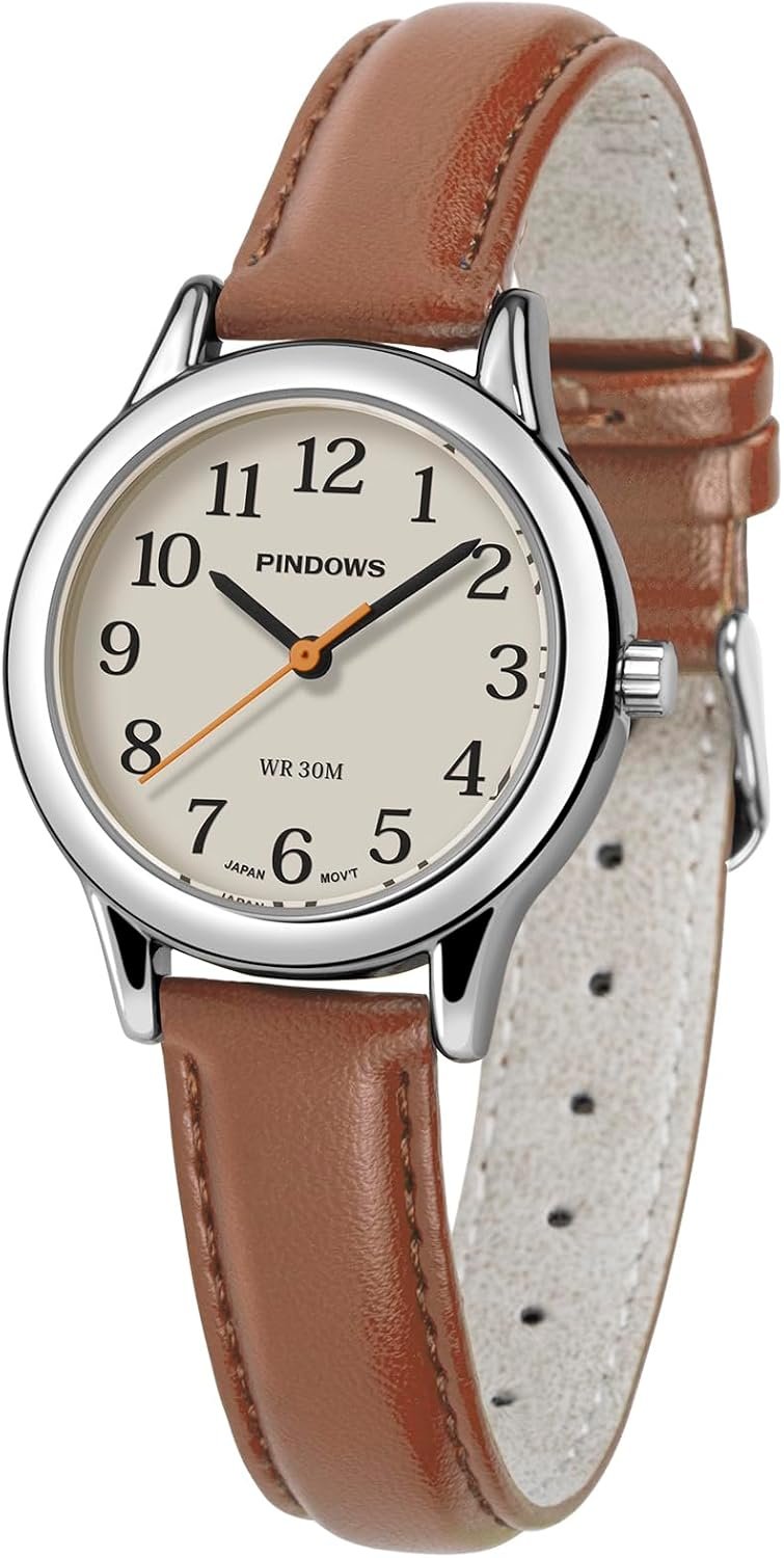 PINDOWS Small Analog Watches for Women, Ladies, Minimalist Leather Band