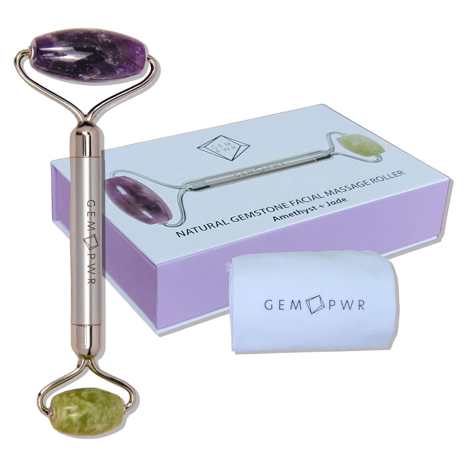 Amethyst + Jade Roller for Face and Neck Massage, Dual Gemstones with Durable Steel Handle and Travel Bag. Minimize Wrinkles, Reduce Puffiness and Restore Skin’s Elasticity and Radiance