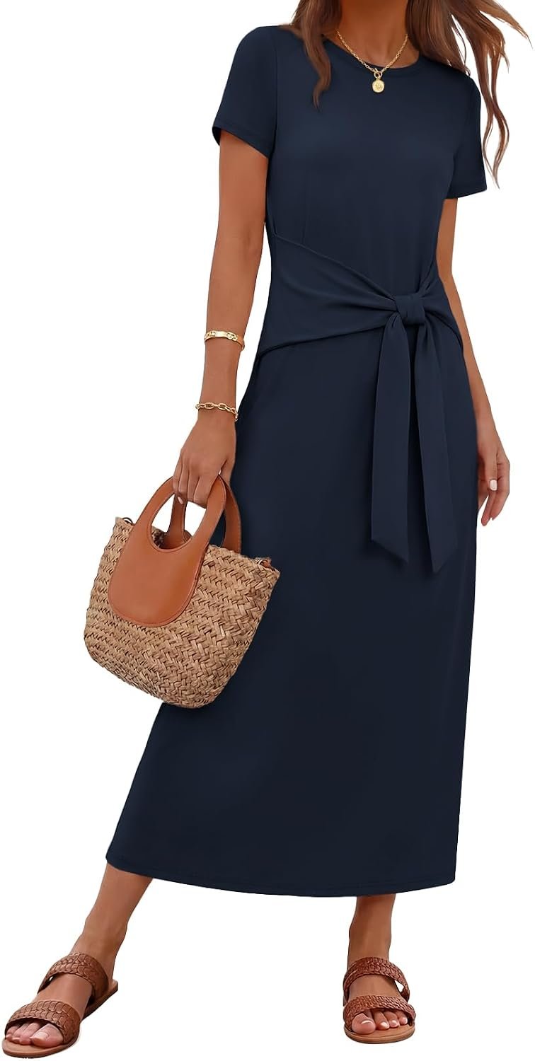 MEROKEETY Women’s Summer T Shirt Casual Work Wrap Maxi Dresses | 2026 Fall, Tie Waist, Short Sleeve, Crew Neck, Business Casual, Beach Vacation, Slim Fit, High Waist, Elegant, Long Dress