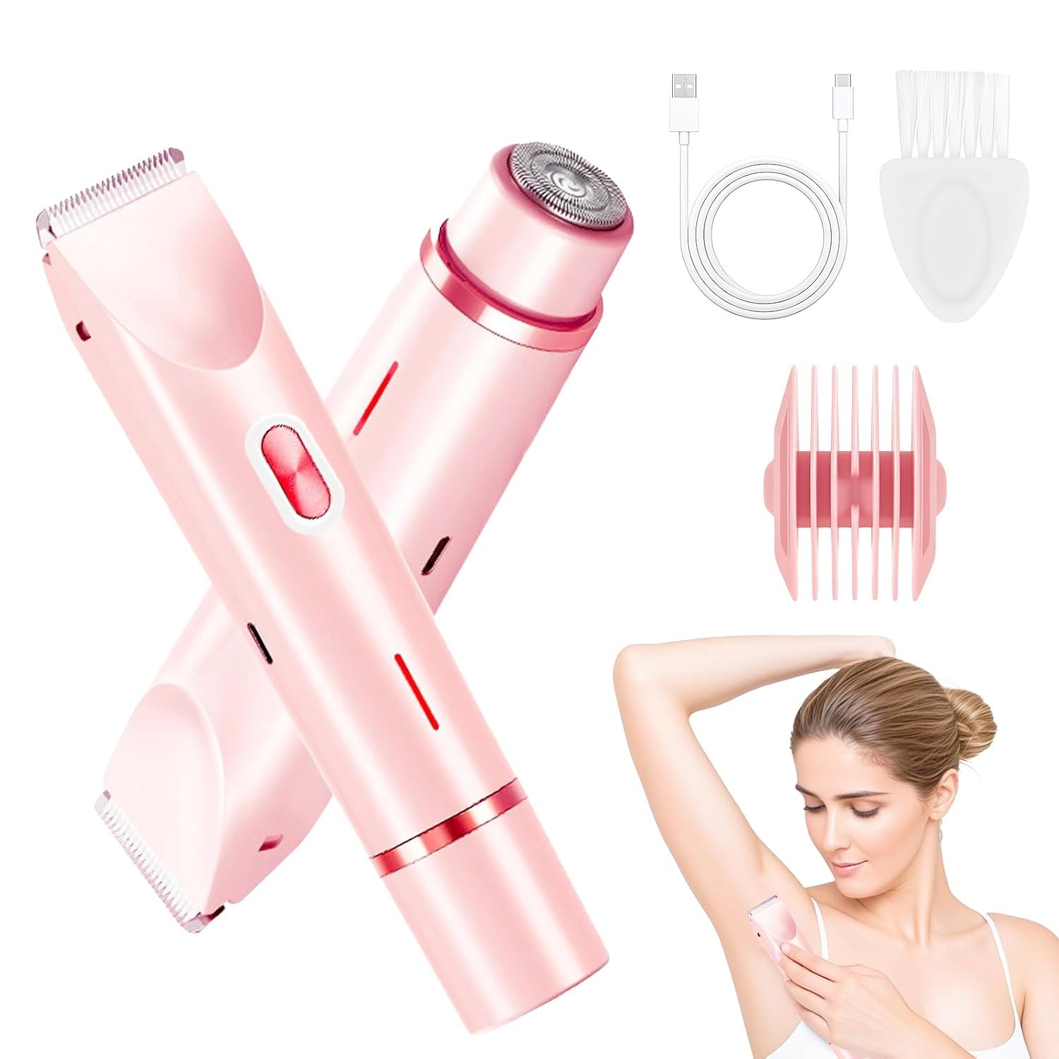 Bikini Trimmer for Women, 2 in 1 Electric Razors for Women, Dermave Bikini Shaver, IPX7 Waterproof & Easy Cleaning, Ceramic Blade, 120 Min Cordless Runtime, Ultra Low Silent(Pink).